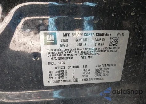 2016 Chevrolet Trax 1Ls z USA, uszkodzony, nr VIN KL7CJKSBXGB609645